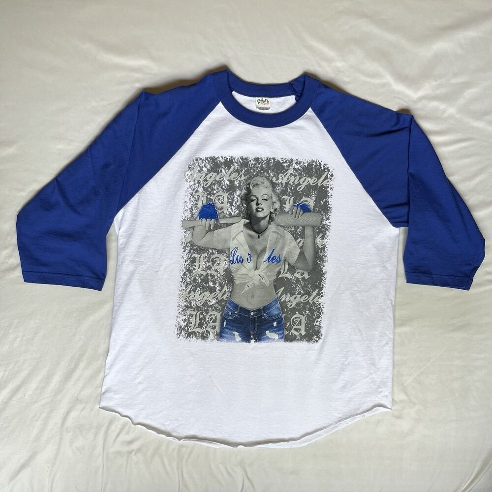 Shaka Wear La Dodgers Marilyn Monroe T Shirt 3/4 Sleeve Raglan 2XL White VTG Y2K
